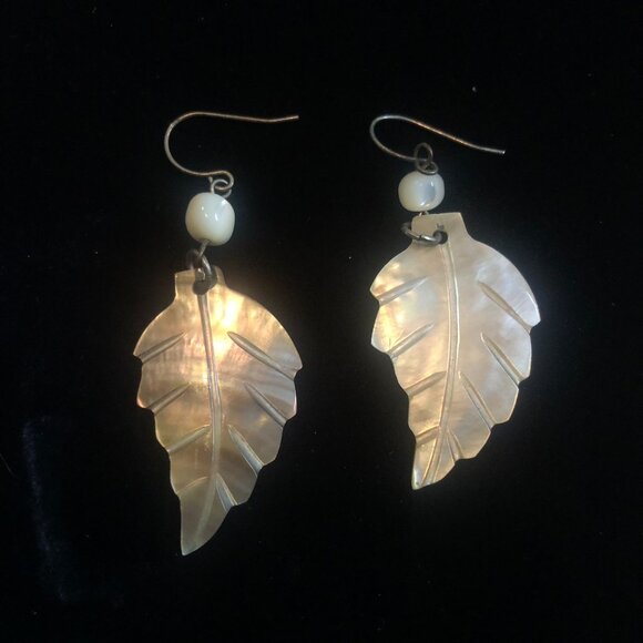 Handmade Mother of Pearl Leaf Earrings – Shell Dangle Boho Chic Jewelry - Picture 1 of 3